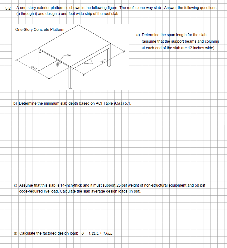 5.2
A one-story exterior platform is shown in the following figure. The roof is one-way slab. Answer the following questions
(a through i) and design a one-foot wide strip of the roof slab.
One-Story Concrete Platform
20-0
-Slab
Beam
25-0
b) Determine the minimum slab depth based on ACI Table 9.5(a) 5.1.
a) Determine the span length for the slab
(assume that the support beams and columns
at each end of the slab are 12 inches wide).
c) Assume that this slab is 14-inch-thick and it must support 25 psf weight of non-structural equipment and 50 psf
code-required live load. Calculate the slab average design loads (in psf).
d) Calculate the factored design load: U=1.2DL + 1.6LL