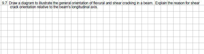 9.7 Draw a diagram to illustrate the general orientation of flexural and shear cracking in a beam. Explain the reason for shear
crack orientation relative to the beam's longitudinal axis.