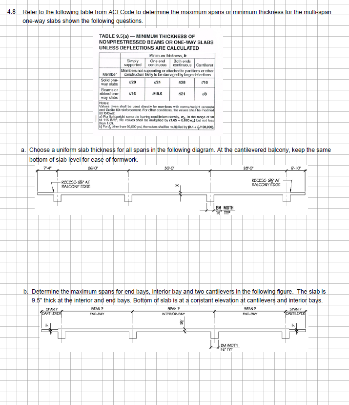 4.8 Refer to the following table from ACI Code to determine the maximum spans or minimum thickness for the multi-span
one-way slabs shown the following questions.
RECESS 2%* AT
BALCONY EDGE
TABLE 9.5(a) - MINIMUM THICKNESS OF
NONPRESTRESSED BEAMS OR ONE-WAY SLABS
UNLESS DEFLECTIONS ARE CALCULATED
Member
Solid one-
way slabs
SPAN?
CANTILEVER
Beams or
ribbed one-
way slabs
Minimum thickness, h
One end
Both ends
Simply
supported continuous continuous Cantilever
Members not supporting or attached to partitions or other
construction likely to be damaged by large deflections
1/20
U24
0728
1/10
4/16
/18.5
021
Notes:
Values given shall be used directly for members with normalweight concrete
and Grade 60 reinforcement. For other conditions, the values shall be modified
as follows:
a. Choose a uniform slab thickness for all spans in the following diagram. At the cantilevered balcony, keep the same
bottom of slab level for ease of formwork.
o pa po
7.4'
26:0
48
For lightweight concrete having equilibrium density, w in the range of 90
to 115 Evt. the values shall be multiplied by (1.65 -0.005w) but not less
than 1.09.
b) For other than 00,000 psi, the values shall be multiplied by (0.4+/100.000)
30-0
SPAN ?
INTERIOR-BAY
BM WIDTH
16 TYP
28/0
b. Determine the maximum spans for end bays, interior bay and two cantilevers in the following figure. The slab is
9.5" thick at the interior and end bays. Bottom of slab is at a constant elevation at cantilevers and interior bays.
SPAN ?
END-BAY
BM WIDTH
16" TYP
RECESS 2 AT
BALCONY EDGE
6-10
SPAN?
END-BAY
SPAN?
CANTILEVER