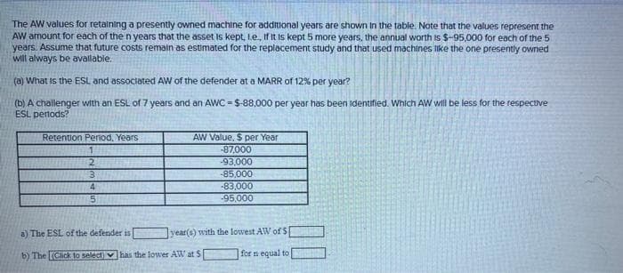 The AW values for retaining a presently owned machine for additional years are shown in the table. Note that the values represent the
AW amount for each of the n years that the asset is kept, L.e., If it is kept 5 more years, the annual worth is $-95,000 for each of the 5
years. Assume that future costs remain as estimated for the replacement study and that used machines like the one presently owned
will always be available.
(a) What is the ESL and associated AW of the defender at a MARR of 12% per year?
(b) A challenger with an ESL of 7 years and an AWC = $-88,000 per year has been identified. Which AW will be less for the respective
ESL periods?
Retention Period, Years
1
2
3
4
5
AW Value, $ per year
-87,000
-93,000
-85,000
-83,000
-95,000
year(s) with the lowest AW of S
for n equal to
a) The ESL of the defender is
b) The (Click to select) has the lower AW at S