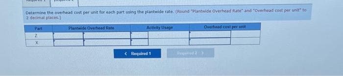 Determine the overhead cost per unit for each part using the plantwide rate. (Round "Plantwide Overhead Rate" and "Overhead cost per unit" to
2 decimal places.)
Part
Z
X
Plantwide Overhead Rate
Activity Usage
< Required 1
Bequind 2 >
Overhead cost per unit