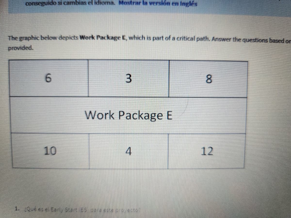 conseguido si cambias el idioma. Mostrar la versión en Inglés
The graphic below depicts Work Package E, which is part of a critical path. Answer the questions based or
provided.
6
10
3
Work Package E
4
1. Qué es el Early Start ES para este proyecto?
8
12