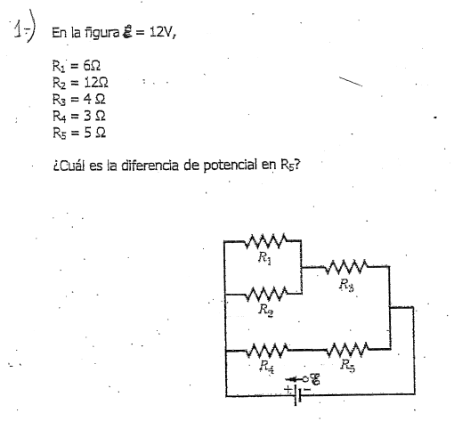 En la figura = 12V,
R = 62
R2 = 122
R3 = 42
R4 = 32
R5 = 5 2
¿Cuál es la diferencia de potencial en R5?
ww
ww
Ra
www
ww
