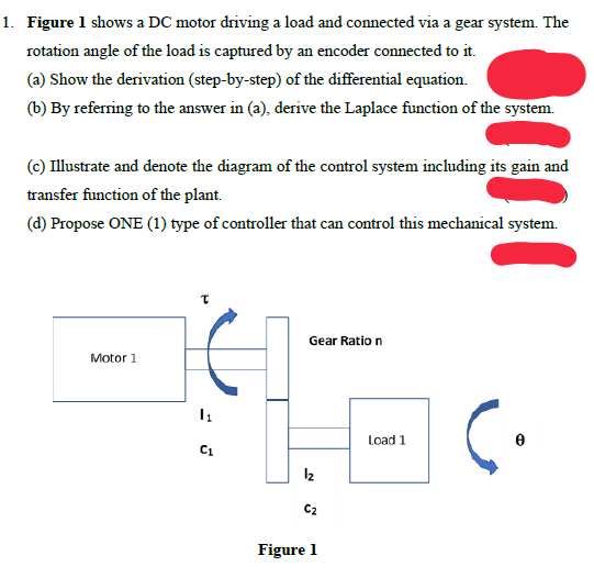 1. Figure 1 shows a DC motor driving a load and connected via a gear system. The
rotation angle of the load is captured by an encoder connected to it.
(a) Show the derivation (step-by-step) of the differential equation.
(b) By referring to the answer in (a), derive the Laplace function of the system.
(c) Illustrate and denote the diagram of the control system including its gain and
transfer function of the plant.
(d) Propose ONE (1) type of controller that can control this mechanical system.
Gear Ratio n
Motor 1
Load 1
C2
Figure 1
