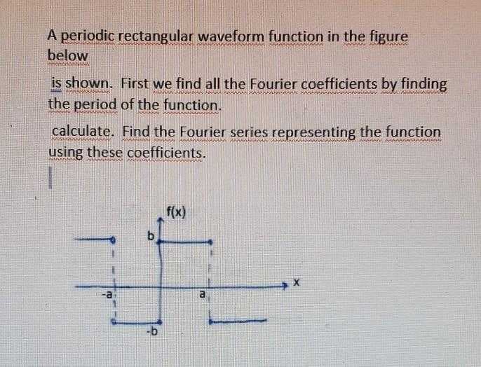 A periodic rectangular waveform function in the figure
below
is shown. First we find all the Fourier coefficients by finding
the period of the function.
calculate. Find the Fourier series representing the function
using these coefficients.
f(x)
b.
-b
