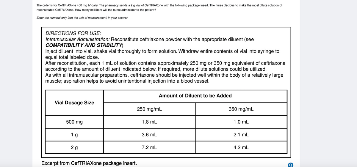 The order is for CefTRIAXone 450 mg IV daily. The pharmacy sends a 2 g vial of CefTRIAXone with the following package insert. The nurse decides to make the most dilute solution of
reconstituted CefTRIAXone. How many milliliters will the nurse administer to the patient?
Enter the numeral only (not the unit of measurement) in your answer.
DIRECTIONS FOR USE:
Intramuscular Administration: Reconstitute ceftriaxone powder with the appropriate diluent (see
COMPATIBILITY AND STABILITY).
Inject diluent into vial, shake vial thoroughly to form solution. Withdraw entire contents of vial into syringe to
equal total labeled dose.
After reconstitution, each 1 mL of solution contains approximately 250 mg or 350 mg equivalent of ceftriaxone
according to the amount of diluent indicated below. If required, more dilute solutions could be utilized.
As with all intramuscular preparations, ceftriaxone should be injected well within the body of a relatively large
muscle; aspiration helps to avoid unintentional injection into a blood vessel.
Amount of Diluent to be Added
Vial Dosage Size
250 mg/mL
350 mg/mL
500 mg
1.8 mL
1.0 mL
1 g
3.6 mL
2.1 mL
2 g
7.2 mL
4.2 mL
Excerpt from CefTRIAXone package insert.
