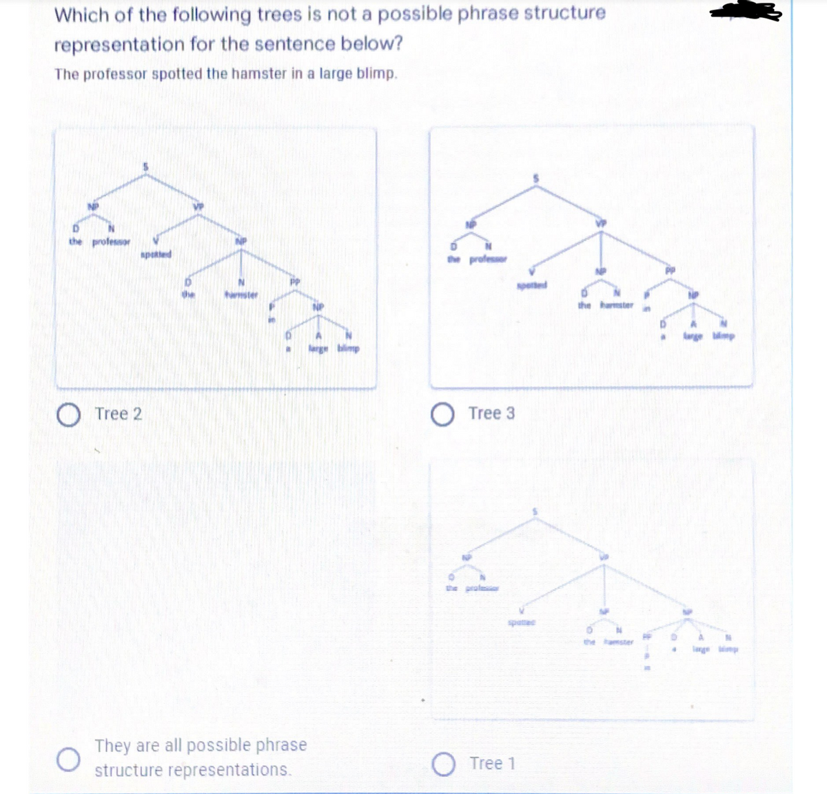 Which of the following trees is not a possible phrase structure
representation for the sentence below?
The professor spotted the hamster in a large blimp.
the professor
apotted
O Tree 2
O
the
hamste
They are all possible phrase
structure representations.
NP
large blimp
D
the professor
O Tree 3
the professe
spotted
spate
Tree 1
the hamster
D
D
4
A
$