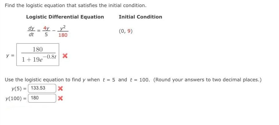 Find the logistic equation that satisfies the initial condition.
Logistic Differential Equation
y y²
180
y =
dy
dt
=
180
1 + 19e
4y
5
180
-0.8t X
Initial Condition
Use the logistic equation to find y when t = 5 and t = 100. (Round your answers to two decimal places.)
y(5) = 133.53
y(100) =
X
X
(0, 9)