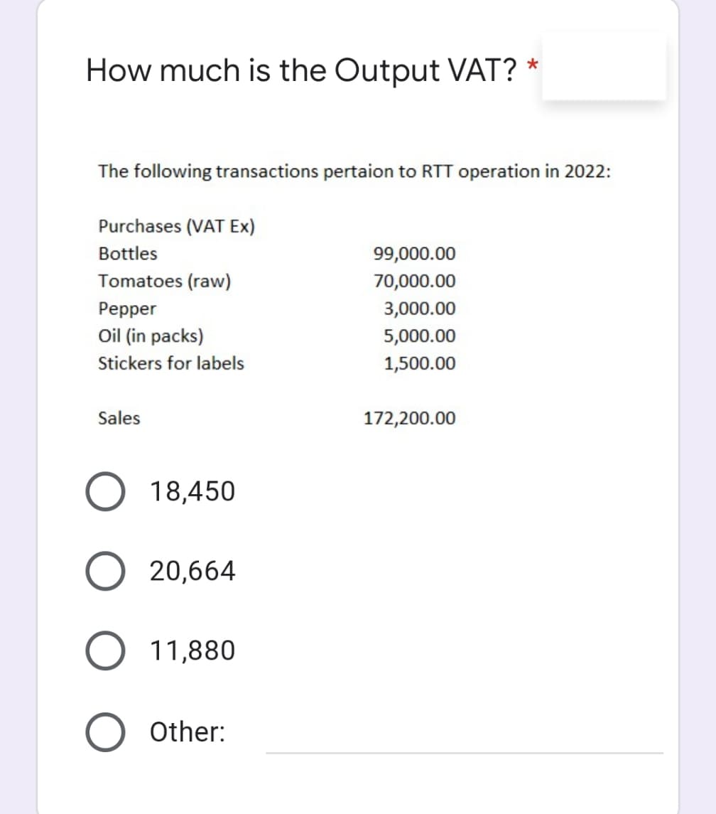 How much is the Output VAT? *
The following transactions pertaion to RTT operation in 2022:
Purchases (VAT Ex)
Bottles
99,000.00
Tomatoes (raw)
70,000.00
Реpper
3,000.00
Oil (in packs)
5,000.00
Stickers for labels
1,500.00
Sales
172,200.00
18,450
20,664
O 11,880
O Other:
