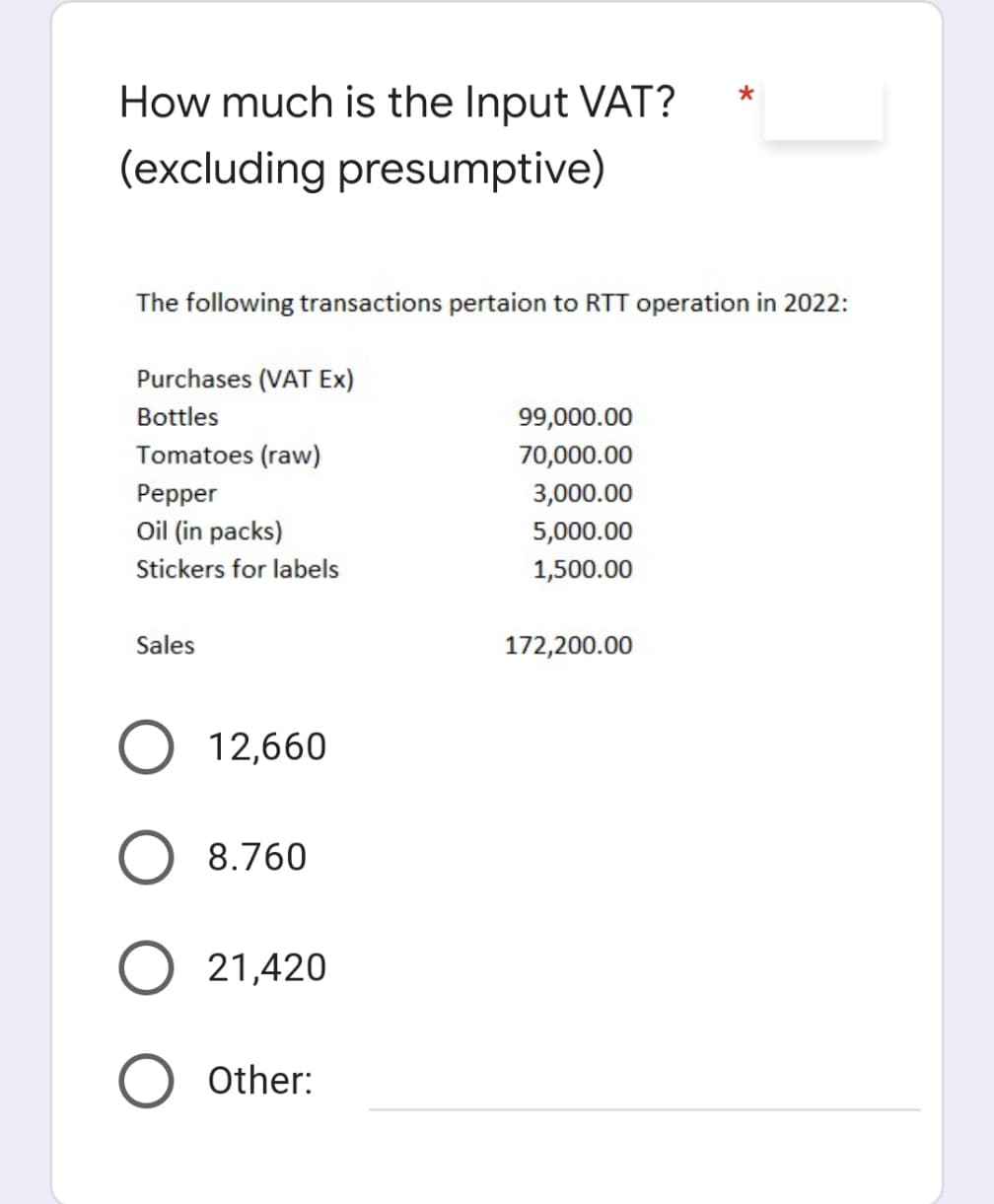 How much is the Input VAT?
(excluding presumptive)
The following transactions pertaion to RTT operation in 2022:
Purchases (VAT Ex)
Bottles
99,000.00
Tomatoes (raw)
70,000.00
Pepper
3,000.00
Oil (in packs)
5,000.00
Stickers for labels
1,500.00
Sales
172,200.00
O 12,660
8.760
O 21,420
Other:
