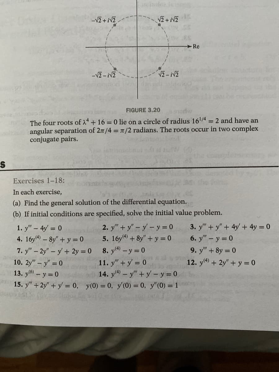 S
-√2+i√2
-√2-√2
√2+ i√2
√2-1√2
1. y" - 4y = 0
4. 16y) - 8y" + y = 0
7. y" - 2y" - y' + 2y = 0
FIGURE 3.20
The four roots of 24+ 16 = 0 lie on a circle of radius 16¹/4 = 2 and have an
angular separation of 2π/4 = π/2 radians. The roots occur in two complex
conjugate pairs.
Exercises 1-18:
In each exercise,
(a) Find the general solution of the differential equation.
(b) If initial conditions are specified, solve the initial value problem.
Re
2. y"+y" - y - y = 0
5. 16y(4) + 8y" + y = 0
8. y(4) - y = 0
10. 2y"" - y" = 0
11. y" + y = 0
13. y) - y = 0
14. y
- y""+y' - y = 0
15. y" + 2y" + y = 0, y(0) = 0, y'(0) = 0, y" (0) = 1
3. y""+y" + 4y + 4y = 0
6. y" - y = 0
9. y" + 8y = 0
12. y(4) + 2y" + y = 0