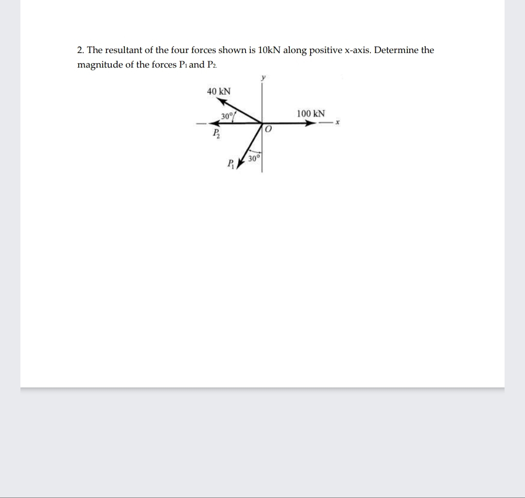 2. The resultant of the four forces shown is 10KN along positive x-axis. Determine the
magnitude of the forces Pi and P2.
40 kN
300
100 kN
P
30°
P
