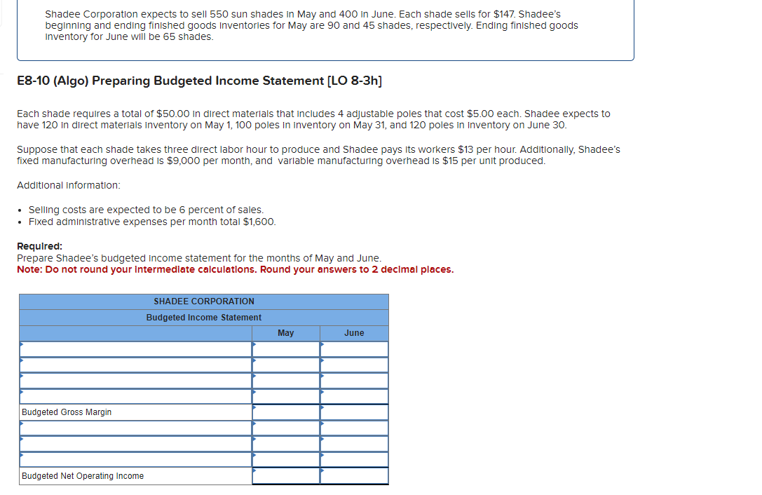 Shadee Corporation expects to sell 550 sun shades in May and 400 in June. Each shade sells for $147. Shadee's
beginning and ending finished goods inventories for May are 90 and 45 shades, respectively. Ending finished goods
Inventory for June will be 65 shades.
E8-10 (Algo) Preparing Budgeted Income Statement [LO 8-3h]
Each shade requires a total of $50.00 in direct materials that includes 4 adjustable poles that cost $5.00 each. Shadee expects to
have 120 in direct materials inventory on May 1, 100 poles in inventory on May 31, and 120 poles in Inventory on June 30.
Suppose that each shade takes three direct labor hour to produce and Shadee pays its workers $13 per hour. Additionally, Shadee's
fixed manufacturing overhead is $9,000 per month, and variable manufacturing overhead is $15 per unit produced.
Additional Information:
• Selling costs are expected to be 6 percent of sales.
• Fixed administrative expenses per month total $1,600.
Required:
Prepare Shadee's budgeted income statement for the months of May and June.
Note: Do not round your intermediate calculations. Round your answers to 2 decimal places.
Budgeted Gross Margin
Budgeted Net Operating Income
SHADEE CORPORATION
Budgeted Income Statement
May
June