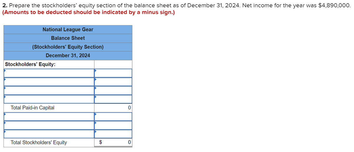 2. Prepare the stockholders' equity section of the balance sheet as of December 31, 2024. Net income for the year was $4,890,000.
(Amounts to be deducted should be indicated by a minus sign.)
National League Gear
Balance Sheet
(Stockholders' Equity Section)
December 31, 2024
Stockholders' Equity:
Total Paid-in Capital
Total Stockholders' Equity
$
0
0