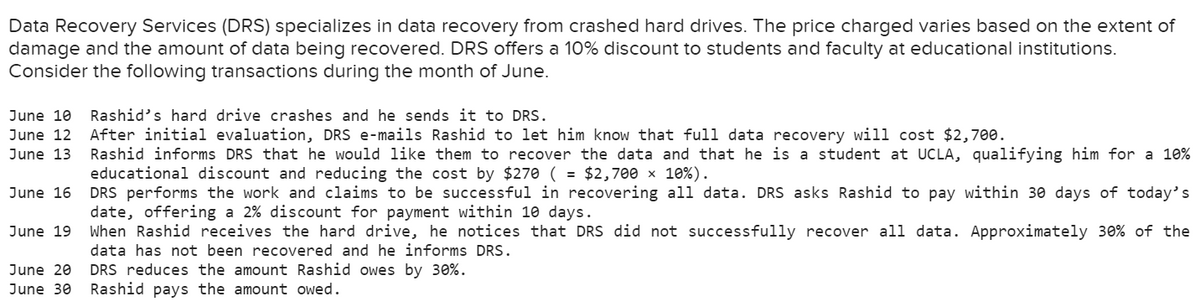 Data Recovery Services (DRS) specializes in data recovery from crashed hard drives. The price charged varies based on the extent of
damage and the amount of data being recovered. DRS offers a 10% discount to students and faculty at educational institutions.
Consider the following transactions during the month of June.
June 10
June 12
June 13
Rashid's hard drive crashes and he sends it to DRS.
After initial evaluation, DRS e-mails Rashid to let him know that full data recovery will cost $2,700.
Rashid informs DRS that he would like them to recover the data and that he is a student at UCLA, qualifying him for a 10%
educational discount and reducing the cost by $270 ( = $2,700 × 10%).
DRS performs the work and claims to be successful in recovering all data. DRS asks Rashid to pay within 30 days of today's
date, offering a 2% discount for payment within 10 days.
When Rashid receives the hard drive, he notices that DRS did not successfully recover all data. Approximately 30% of the
data has not been recovered and he informs DRS.
June 20
DRS reduces the amount Rashid owes by 30%.
June 30 Rashid pays the amount owed.
June 16
June 19