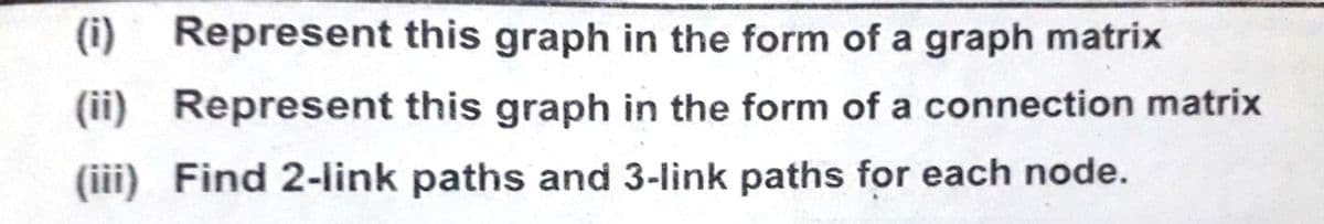 (i) Represent this graph in the form of a graph matrix
(ii) Represent this graph in the form of a connection matrix
(iii) Find 2-link paths and 3-link paths for each node.
