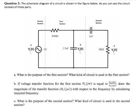 Question 2: The schematic diagram of a circuit is shown in the figure below. As you can see the circuit
consists of three parts.
Seurce
Firt
Secend
Section
Section
Setion
ww
2002
IV
2.5yF
a. What is the purpose of the first section? What kind of circuit is used in the first section?
b. If voltage transfer function for the first section H,(jw) is equal to
V draw the
magnitude of the transfer function (H,(jw)) with respect to the frequency by calculating
required frequency.
c. What is the purpose of the second section? What kind of circuit is used in the second
section?
