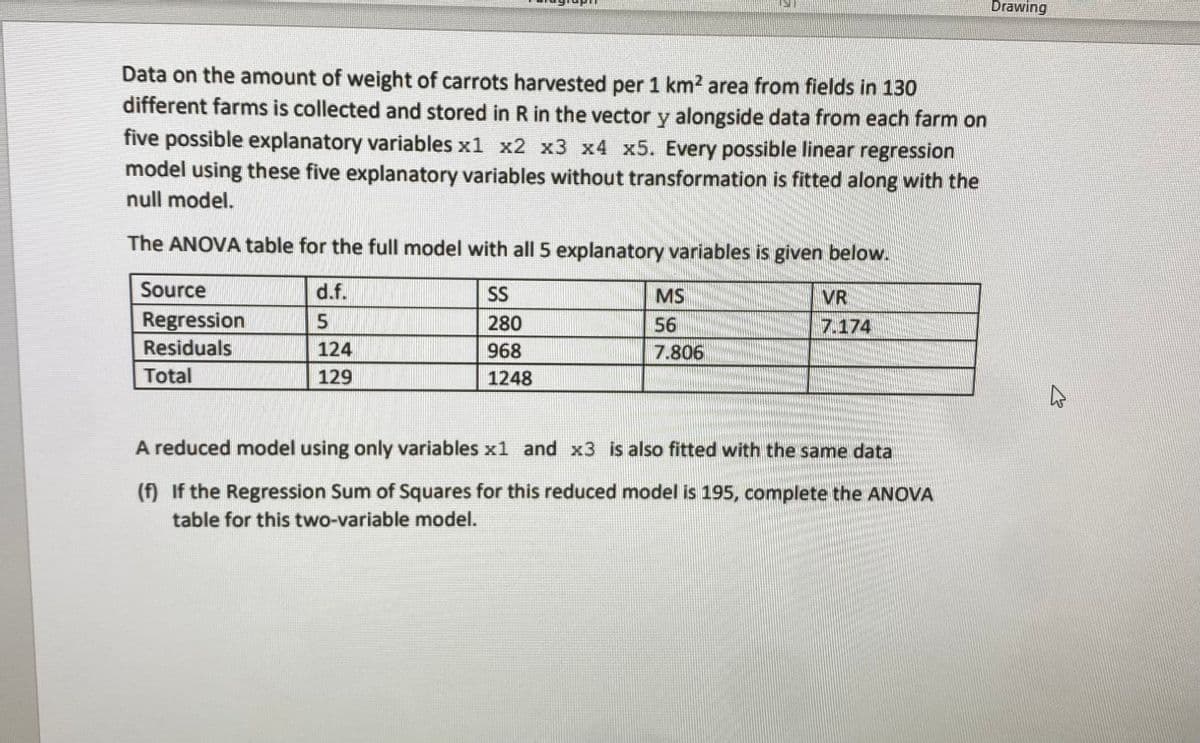 Data on the amount of weight of carrots harvested per 1 km² area from fields in 130
different farms is collected and stored in R in the vector y alongside data from each farm on
five possible explanatory variables x1 x2 x3 x4 x5. Every possible linear regression
model using these five explanatory variables without transformation is fitted along with the
null model.
The ANOVA table for the full model with all 5 explanatory variables is given below.
d.f.
SS
5
280
124
968
129
1248
Source
Regression
Residuals
Total
MS
56
7.806
VR
7.174
A reduced model using only variables x1 and x3 is also fitted with the same data
(f) If the Regression Sum of Squares for this reduced model is 195, complete the ANOVA
table for this two-variable model.
Drawing
K