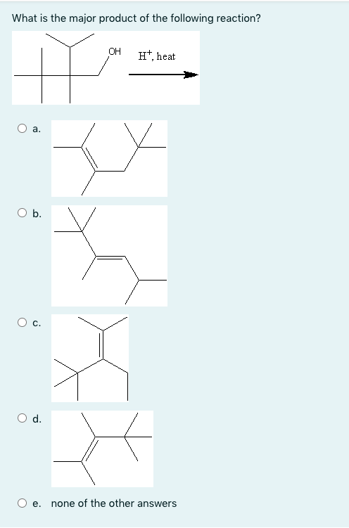 What is the major product of the following reaction?
OH
H*, heat
а.
O b.
С.
Od.
е.
none of the other answers
