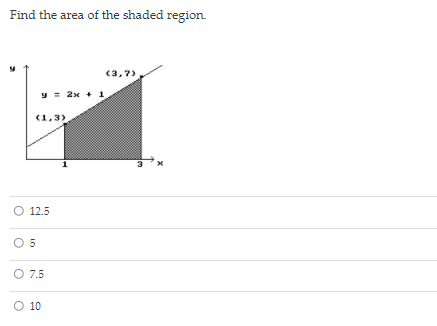 Find the area of the shaded region.
(3,7)
y = 2x + 1
(1,3)
1
3
O 12.5
O 5
O 7.5
O 10
