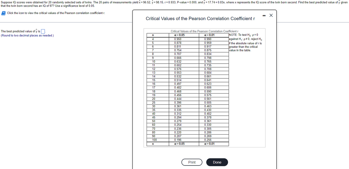 Suppose IQ scores were obtained for 20 randomly selected sets of twins. The 20 pairs of measurements yield x = 96.52, y = 98.15, r=0.933, P-value = 0.000, and y = 17.74 +0.83x, where x represents the IQ score of the twin born second. Find the best predicted value of y given
that the twin born second has an IQ of 97? Use a significance level of 0.05.
Click the icon to view the critical values of the Pearson correlation coefficient r.
The best predicted value of ŷ is.
(Round to two decimal places as needed.)
Critical Values of the Pearson Correlation Coefficient r
n
4
5
6
7
8
9
10
11
12
13
14
15
16
17
18
19
20
25
30
35
40
45
50
60
70
80
90
100
n
Critical Values of the Pearson Correlation Coefficient r
α = 0.05
0.950
0.878
0.811
0.754
0.707
0.666
0.632
0.602
0.576
0.553
0.532
0.514
0.497
0.482
0.468
0.456
0.444
0.396
0.361
0.335
0.312
0.294
0.279
0.254
0.236
0.220
0.207
0.196
a=0.05
Print
α = 0.01
0.990
0.959
0.917
0.875
0.834
0.798
0.765
0.735
0.708
0.684
0.661
0.641
0.623
0.606
0.590
0.575
0.561
0.505
0.463
0.430
0.402
0.378
0.361
0.330
0.305
0.286
0.269
0.256
α=0.01
Done
NOTE: To test Ho: p=0
against H₁: p#0, reject Ho
if the absolute value of r is
greater than the critical
value in the table.
X