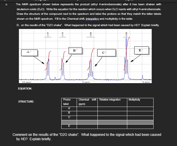 C.
The NMR spectrum shown below represents the product (ethyl 4-aminobenzoate) after it has been shaken with
deuterium oxide (D₂O). Write the equation for the reaction which occurs when D₂O reacts with ethyl 4-aminobenzoate.
Draw the structure of the compound next to the spectrum and label the protons so that they match the letter labels
shown on the NMR spectrum. Fill in the Chemical shift, integration and multiplicity in the table.
D. on the results of the "D20 shake". What happened to the signal which had been caused by HD? Explain briefly.
B'
A
10 ppm
EQUATION:
5 ppm
E
υ
C'
STRUCTURE:
Proton
label
Chemical shift | Relative integration
Multiplicity
(ppm)
A'
B'
C'
0 ppm
E'
Comment on the results of the "D20 shake". What happened to the signal which had been caused
by HD? Explain briefly.