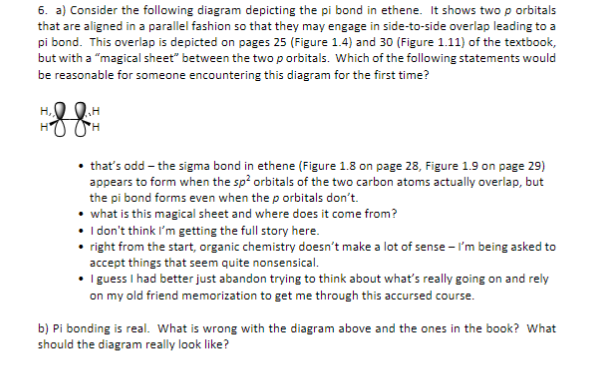 6. a) Consider the following diagram depicting the pi bond in ethene. It shows two p orbitals
that are aligned in a parallel fashion so that they may engage in side-to-side overlap leading to a
pi bond. This overlap is depicted on pages 25 (Figure 1.4) and 30 (Figure 1.11) of the textbook,
but with a "magical sheet" between the two p orbitals. Which of the following statements would
be reasonable for someone encountering this diagram for the first time?
H,
H
& &
H
H
⚫ that's odd - the sigma bond in ethene (Figure 1.8 on page 28, Figure 1.9 on page 29)
appears to form when the sp² orbitals of the two carbon atoms actually overlap, but
the pi bond forms even when the p orbitals don't.
⚫ what is this magical sheet and where does it come from?
⚫ I don't think I'm getting the full story here.
⚫right from the start, organic chemistry doesn't make a lot of sense - I'm being asked to
accept things that seem quite nonsensical.
• I guess I had better just abandon trying to think about what's really going on and rely
on my old friend memorization to get me through this accursed course.
b) Pi bonding is real. What is wrong with the diagram above and the ones in the book? What
should the diagram really look like?