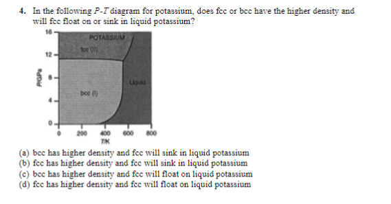 4. In the following P-T diagram for potassium, does fcc or bcc have the higher density and
will fee float on or sink in liquid potassium?
16
POTASSIUM
PIGPa
12
too 01
bcc (1)
200
400
TIK
Liquid
800
(a) bcc has higher density and fee will sink in liquid potassium
(b) fcc has higher density and fee will sink in liquid potassium
(c) bcc has higher density and fcc will float on liquid potassium
(d) fee has higher density and fee will float on liquid potassium