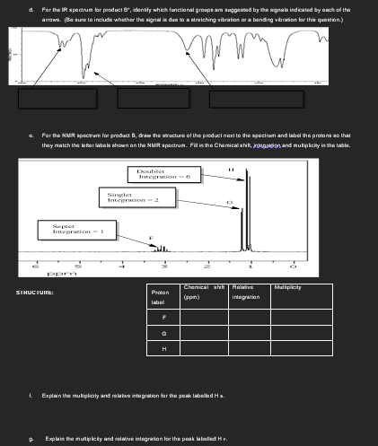 d. For the IR spectrum for product B, identify which functional groups are suggested by the signals indicated by each of the
arrows. (Be sure to include whether the signal is due to a stretching vibration or a banding vibration for this question.)
mmm
t.
For the NMR spectrum for product B, draw the structure of the product next to the spectrum and label the proton so that
they match the letter labels shown on the NMR spectrum. Fill in the Chemical shift, inkgosion, and multiplicity in the table.
9
Septe
STRUCTURE:
Integration-1
Doublet
Integration - 6
Proton
label
F
H
Chemical R
(ppm)
Explain the multiplicity and relative integration for the peak labelled Ha.
Explain the multiplicity and relative integration for the peak labelled Hr.
Rev
integration
Multiply