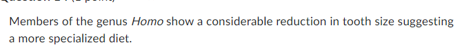 Members of the genus Homo show a considerable reduction in tooth size suggesting
a more specialized diet.