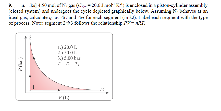 9. L ks] 4.50 mol of N₂ gas (Cvm = 20.6 J mol-¹ K-¹) is enclosed in a piston-cylinder assembly
(closed system) and undergoes the cycle depicted graphically below. Assuming N₂ behaves as an
ideal gas, calculate q, w, AU and AH for each segment (in kJ). Label each segment with the type
of process. Note: segment 2+3 follows the relationship PV = nRT.
P (bar)
1.) 20.0 L
2.) 50.0 L
3.) 5.00 bar
T = T₂ = T₂
V (L)
2