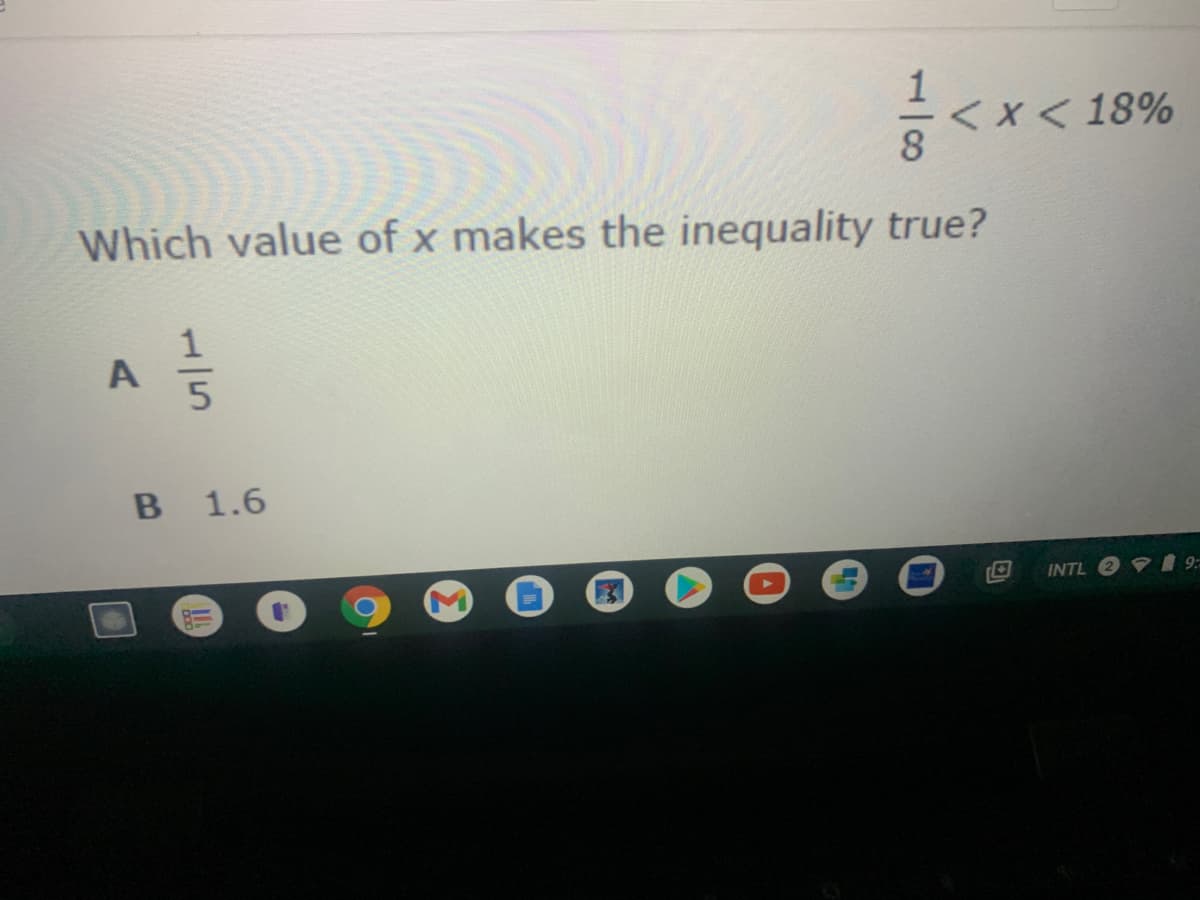 < x < 18%
8
Which value of x makes the inequality true?
1
1.6
INTL 2
4/5
