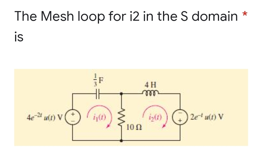 The Mesh loop for i2 in the S domain
is
4e-21 u(t) V
-ابرا
ij(t)
1002
4 H
m
i₂(1)) + 2e-¹ u(1) V
*