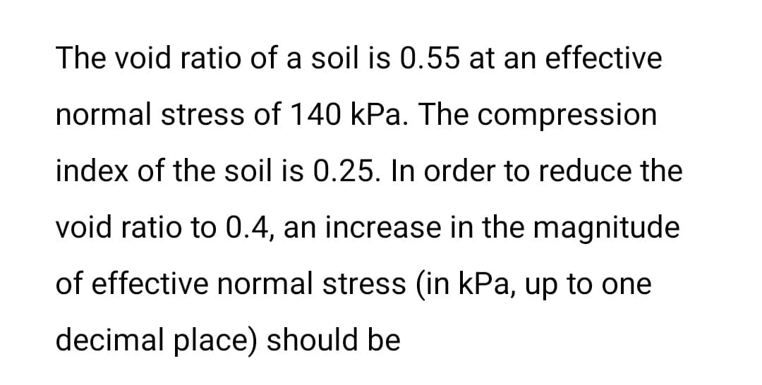 The void ratio of a soil is 0.55 at an effective
normal stress of 140 kPa. The compression
index of the soil is 0.25. In order to reduce the
void ratio to 0.4, an increase in the magnitude
of effective normal stress (in kPa, up to one
decimal place) should be
