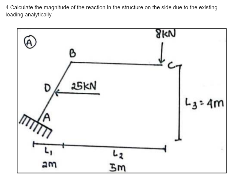 4.Calculate the magnitude of the reaction in the structure on the side due to the existing
loading analytically.
25KN
L3: 4m
L,
am
