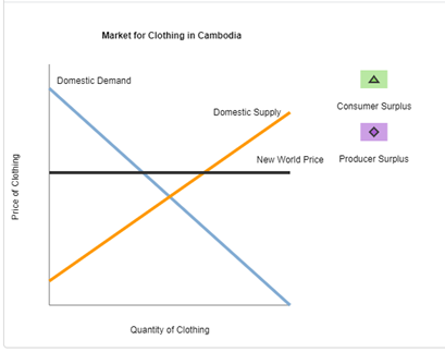 Market for Clothing in Cambodia
Domestic Demand
Consumer Surplus
Domestic Supply
New World Price Producer Surplus
Quantity of Clothing
Price of Clothing
