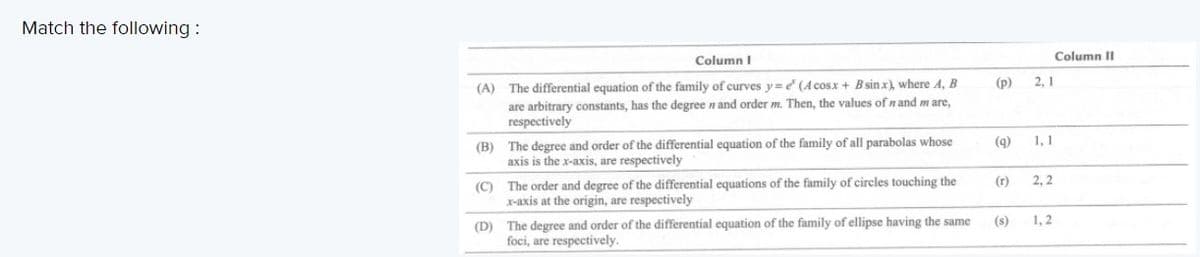 Match the following :
Column II
Column I
(A)
The differential equation of the family of curves y= (A cosx + B sin x), where A, B
(p)
2, 1
are arbitrary constants, has the degree n and order m. Then, the values of n and m are,
respectively
(B) The degree and order of the differential equation of the family of all parabolas whose
axis is the x-axis, are respectively
(9)
1,1
2, 2
(C) The order and degree of the differential equations of the family of circles touching the
X-axis at the origin, are respectively
(r)
1, 2
(D) The degree and order of the differential equation of the family of ellipse having the same
foci, are respectively.
(s)
