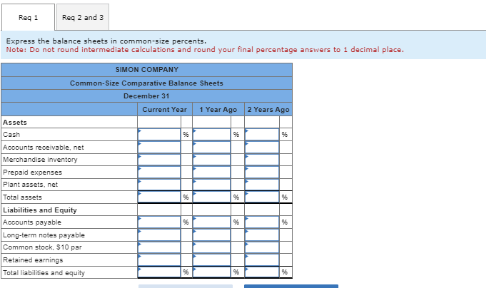 Req 1
Req 2 and 3
Express the balance sheets in common-size percents.
Note: Do not round intermediate calculations and round your final percentage answers to 1 decimal place.
SIMON COMPANY
Common-Size Comparative Balance Sheets
December 31
Current Year 1 Year Ago 2 Years Ago
Assets
Cash
Accounts receivable, net
Merchandise inventory
Prepaid expenses
Plant assets, net
Total assets
Liabilities and Equity
Accounts payable
Long-term notes payable
Common stock, $10 par
Retained earnings
Total liabilities and equity
96
%
%
96
%
%
96
%
%
96
%6
%