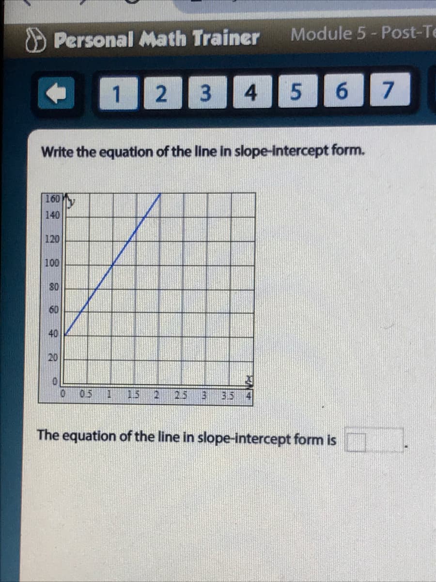 O Personal Math Trainer
Module 5 - Post-Te
1
6.
Write the equation of the line in slope-intercept form.
160
140
120
100
80
60
40
20
05
15
25
35 4
The equation of the line in slope-intercept form is
