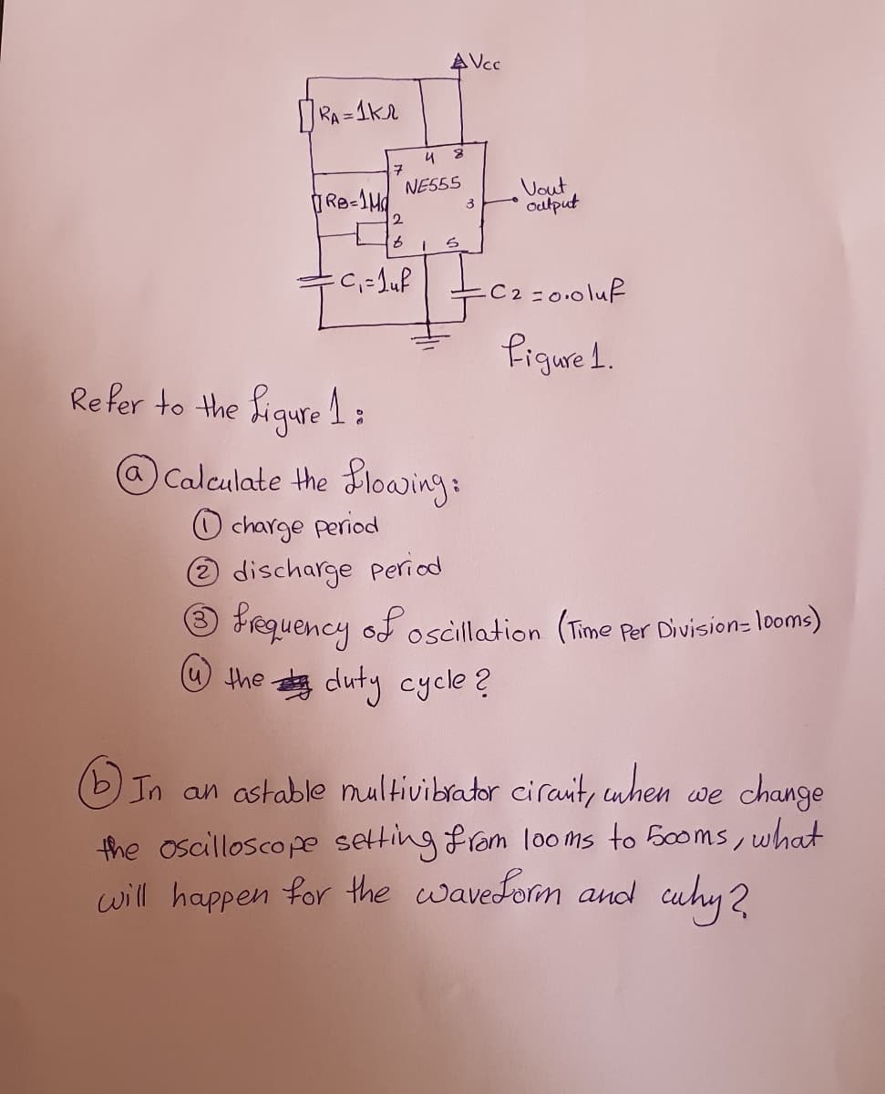 AVcc
RA=1kr
NES5S
Vout
Oulput
3
9.
.C2 -0.0luf
figue 1.
Refer to the ligure l:
@ Calculate the loaing:
O charge period
@ discharge period
Frequency of oscillation (Time Per Division= looms)
the duty cycle ?
) In an astable multivibrator cirait, unhen we change
the oscilloscope setting fram lo0 ms to 5ooms, what
will happen for the waveform and cuhu2
