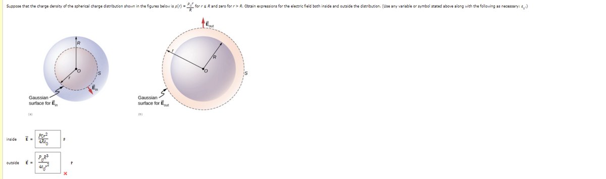 Suppose that the charge density of the spherical charge distribution shown in the figures below is p(r) - Po for rs Rand zero for r> R. Obtain expressions for the electric field both inside and outside the distribution. (Use any variable or symbol stated above along with the following as necessary: ,)
Gaussian
surface for E
Gaussian
surface for E
(a)
inside
outside
