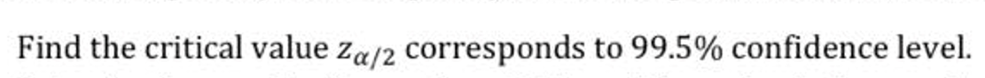 Find the critical value za/2 corresponds to 99.5% confidence level.
