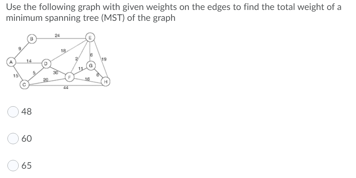 Use the following graph with given weights on the edges to find the total weight of a
minimum spanning tree (MST) of the graph
24
18
14
19
5.
30
15
16
44
48
O 60
65
