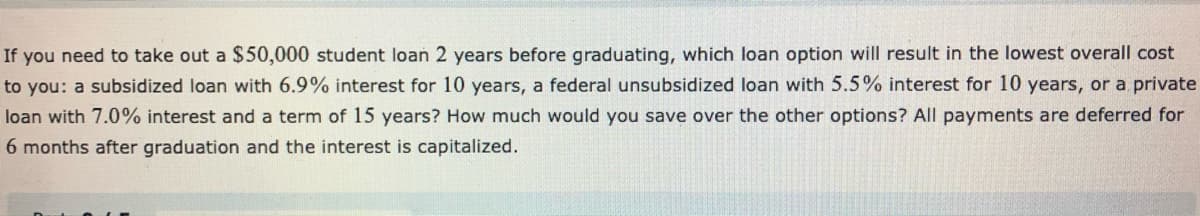 If you need to take out a $50,000 student loan 2 years before graduating, which loan option will result in the lowest overall cost
to you: a subsidized loan with 6.9% interest for 10 years, a federal unsubsidized loan with 5.5% interest for 10 years, or a private
loan with 7.0% interest and a term of 15 years? How much would you save over the other options? All payments are deferred for
6 months after graduation and the interest is capitalized.
