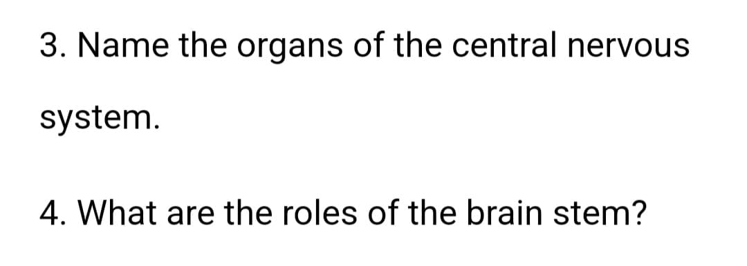 3. Name the organs of the central nervous
system.
4. What are the roles of the brain stem?