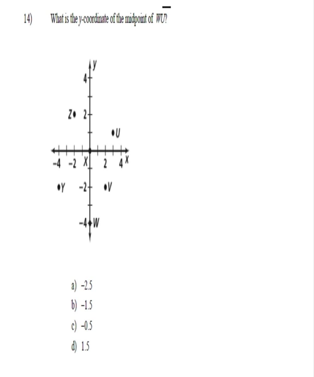 14)
What is the y-coordinate of the midpoint of WU?
Z 2+
-4-2 X2
•Y -2+ V
U
a) -2.5
b) -1.5
c) -0.5
d) 1.5