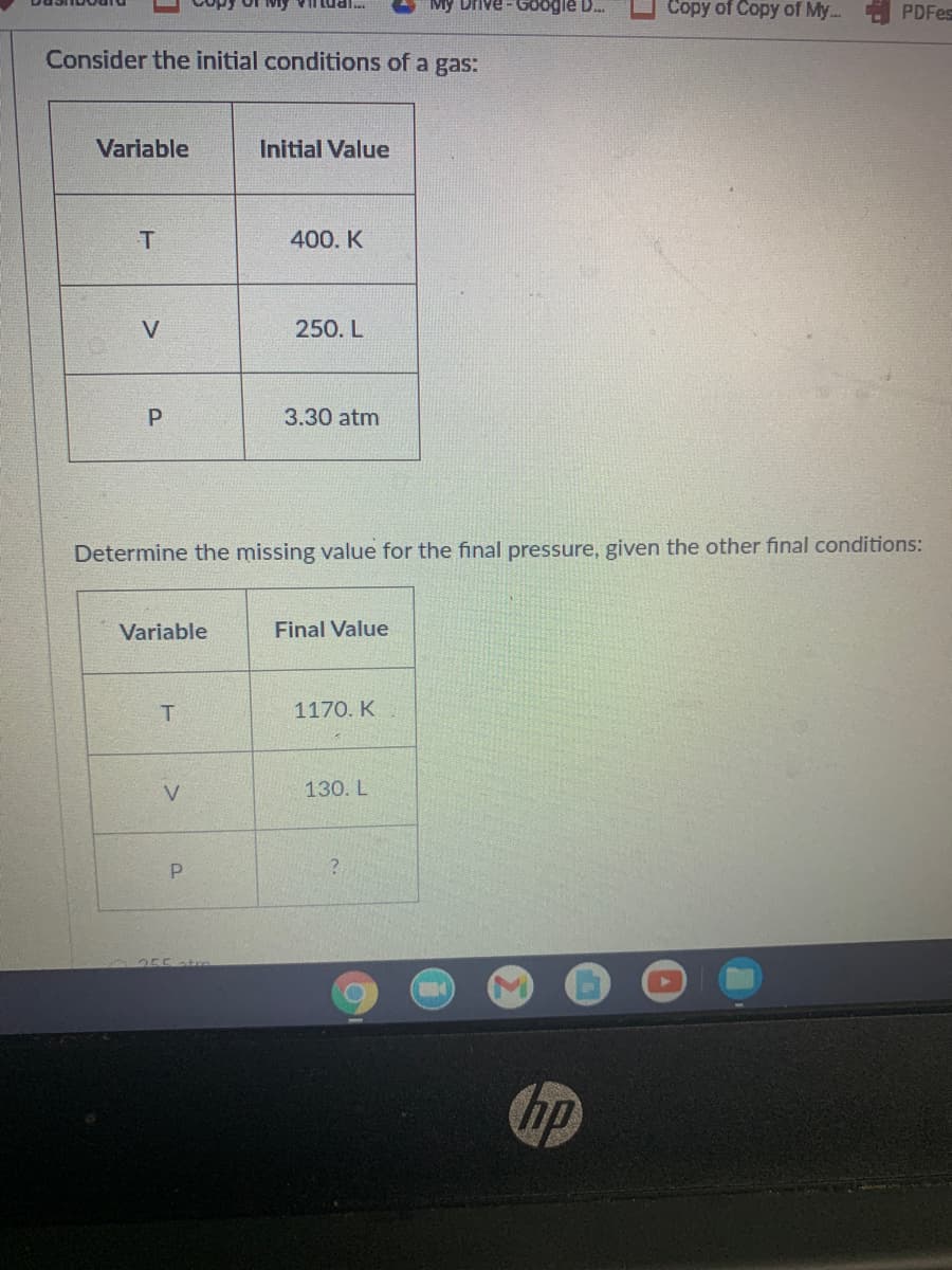 Mỹ Drive- Google D.
Copy of Copy of My..
tual..
PDFes
Consider the initial conditions of a gas:
Variable
Initial Value
400. K
V
250. L
3.30 atm
Determine the missing value for the final pressure, given the other final conditions:
Variable
Final Value
T.
1170. K
V
130. L
hp
P.
