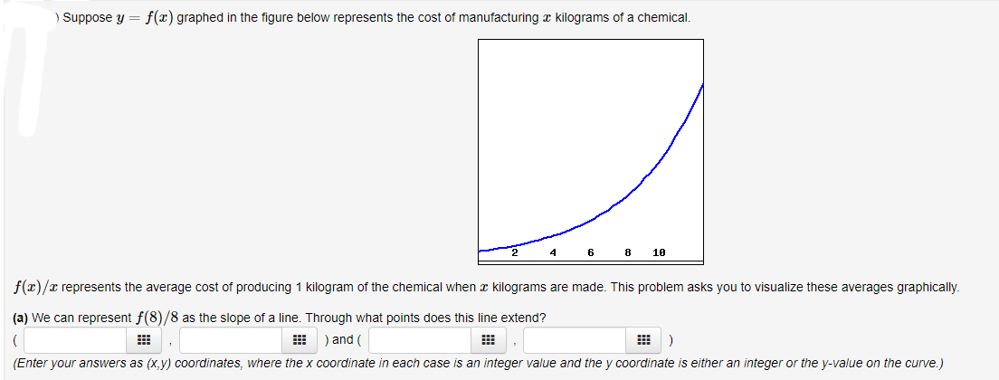 ) Suppose y = f(x) graphed in the figure below represents the cost of manufacturing a kilograms of a chemical.
4
68
10
f(x)/x represents the average cost of producing 1 kilogram of the chemical when a kilograms are made. This problem asks you to visualize these averages graphically.
(a) We can represent f(8)/8 as the slope of a line. Through what points does this line extend?
(
) and (
)
(Enter your answers as (x,y) coordinates, where the x coordinate in each case is an integer value and the y coordinate is either an integer or the y-value on the curve.)