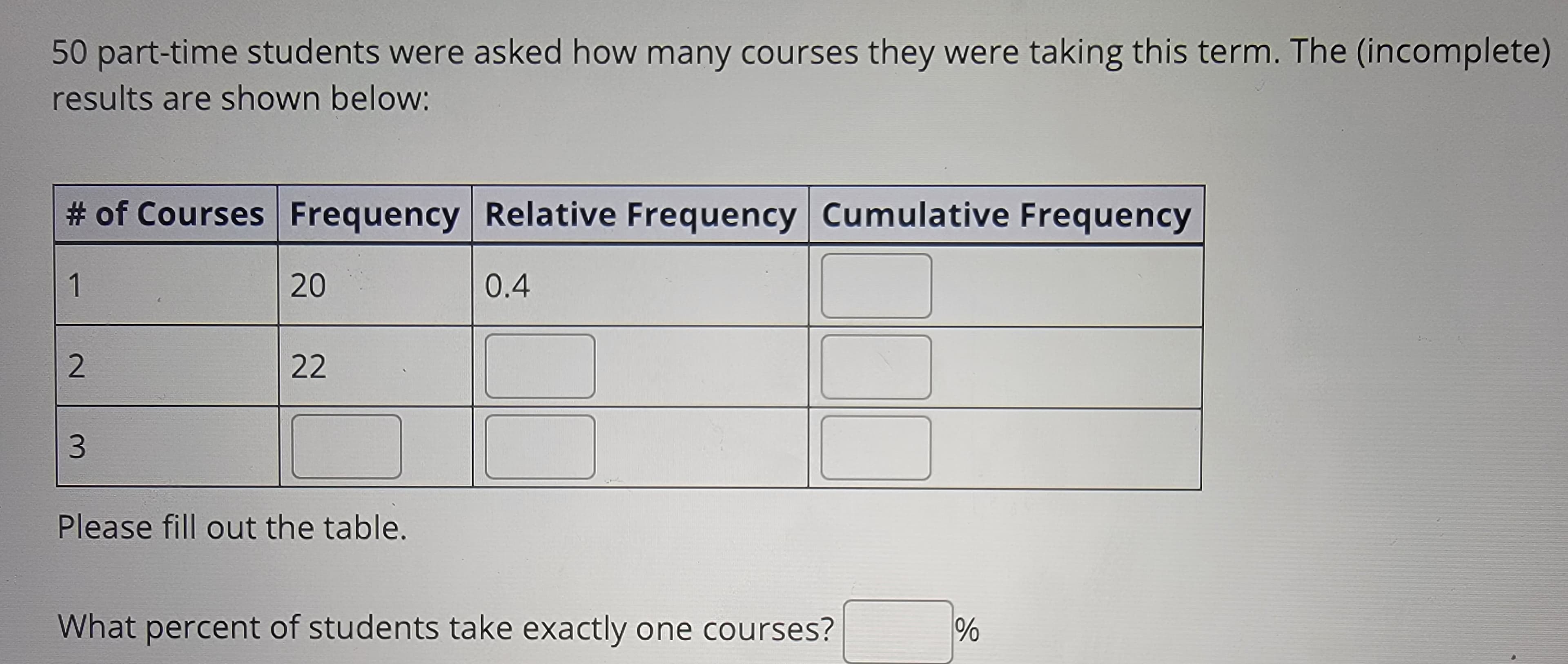 50 part-time students were asked how many courses they were taking this term. The (incomplete)
results are shown below:
# of Courses Frequency Relative Frequency Cumulative Frequency
1
2
3
20
22
Please fill out the table.
0.4
What percent of students take exactly one courses?
%