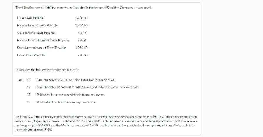 The following payroll liability accounts are included in the ledger of Sheridan Company on January 1.
FICA Taxes Payable
Federal Income Taxes Payable
State Income Taxes Payable
Federal Unemployment Taxes Payable
State Unemployment Taxes Payable
Union Dues Payable
Jan. 10
12
17
$760.00
20
1,204.60
108.95
In January, the following transactions occurred.
288.95
1,954.40
870.00
Sent check for $870.00 to union treasurer for union dues.
Sent check for $1,964.60 for FICA taxes and federal income taxes withheld.
Paid state income taxes withheld from employees.
Paid federal and state unemployment taxes.
At January 31, the company completed the monthly payroll register, which shows salaries and wages $51,000. The company makes an
entry for employer payroll taxes: FICA taxes 7.65% (the 7.65% FICA tax rate consists of the Social Security tax rate of 6.2% on salaries
and wages up to $51,000 and the Medicare tax rate of 1.45% on all salaries and wages), federal unemployment taxes 0.6%, and state
unemployment taxes 5.4%.